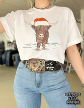 Load image into Gallery viewer, Highland Cow Santa Hat Tee or Crewneck