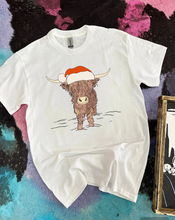 Load image into Gallery viewer, Highland Cow Santa Hat Tee or Crewneck