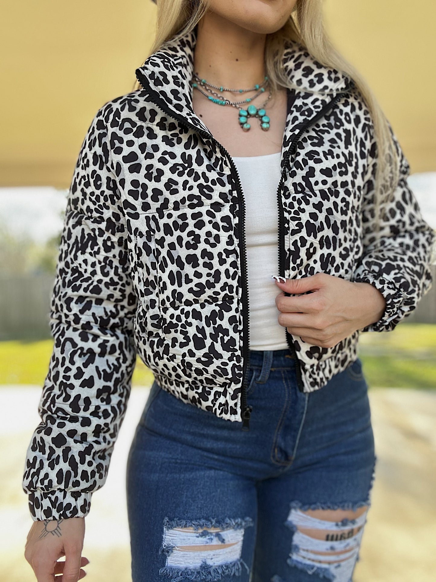 Black Leopard Cropped Puffer