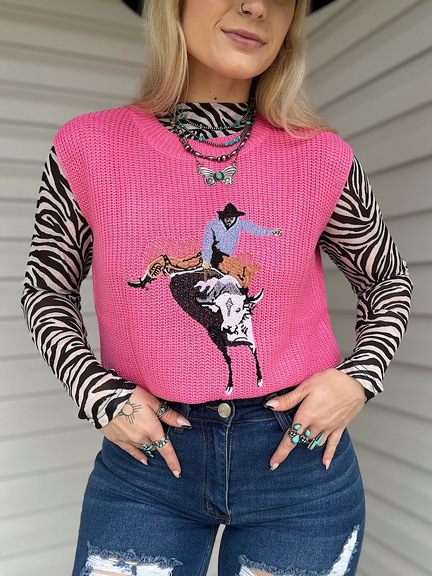Hot Pink Cowboy Sleeveless Sweater