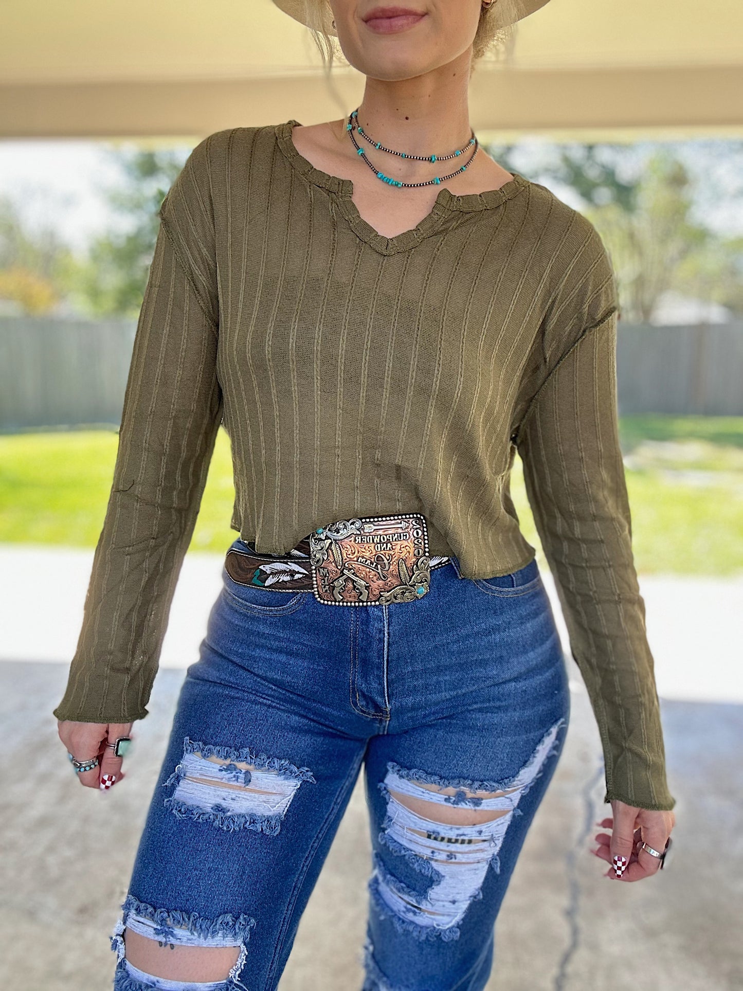 Olive Green Long Sleeve Crop