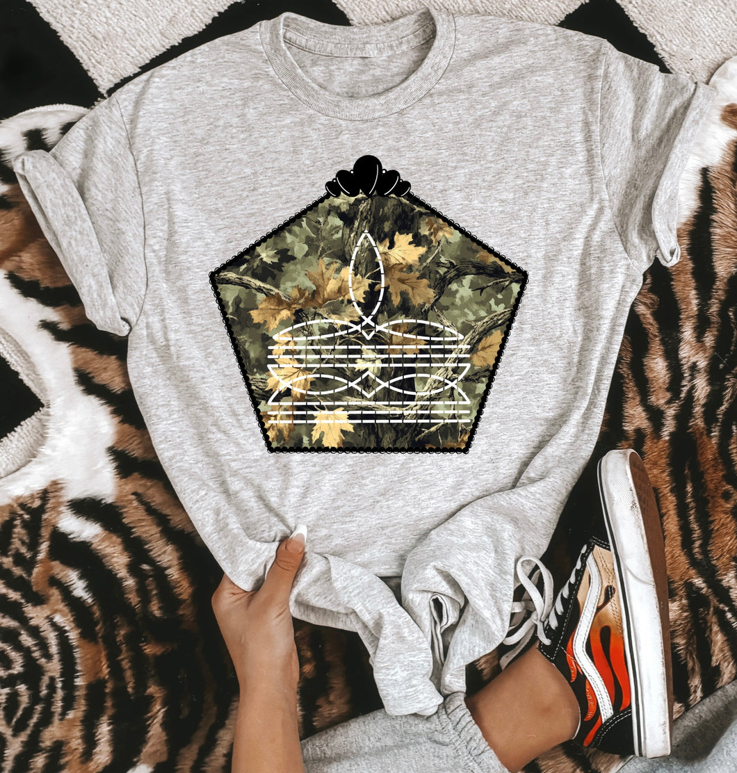 Camo Boot Stitch Tee or Crewneck