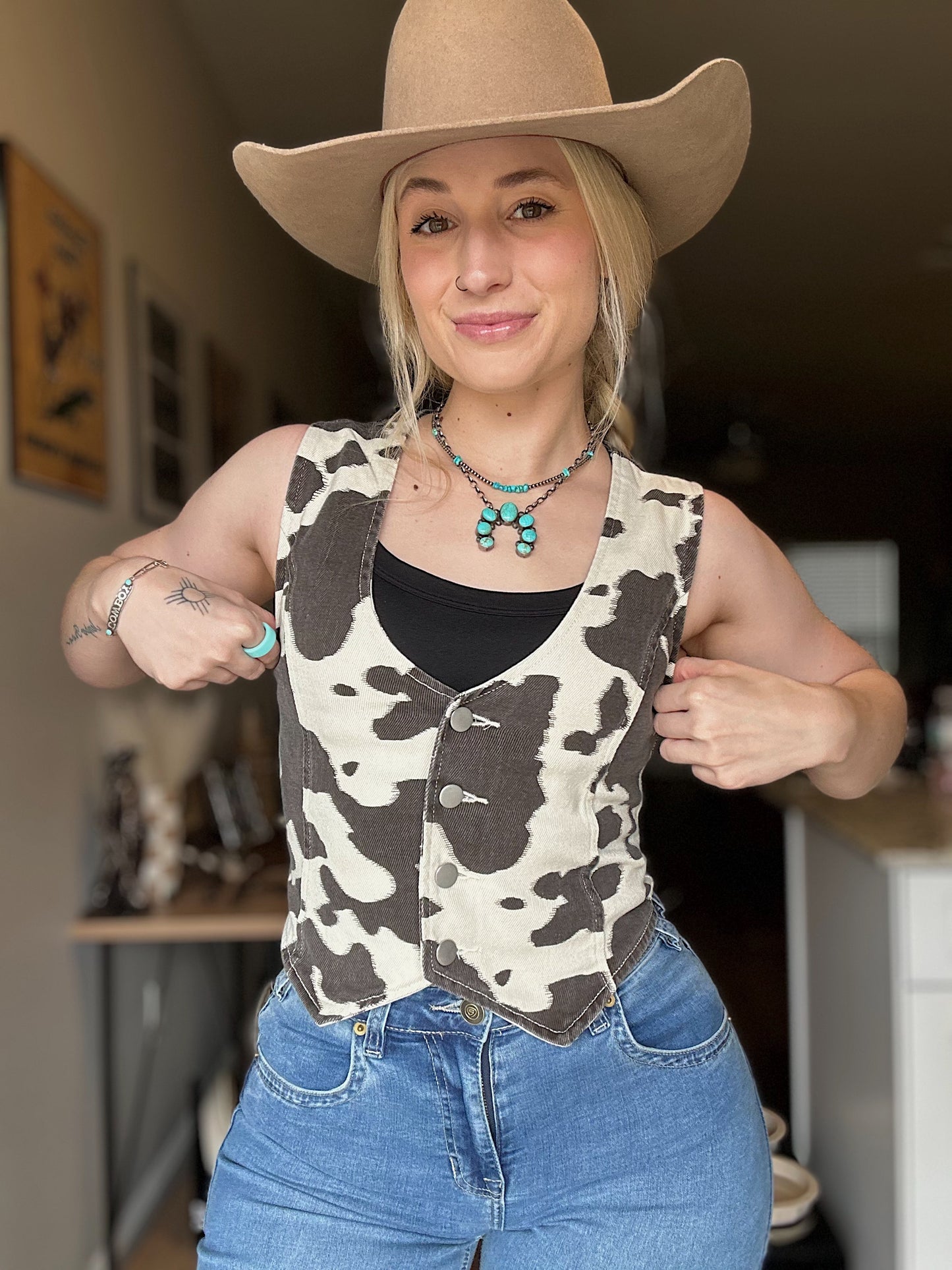 Cow Print Denim Vest