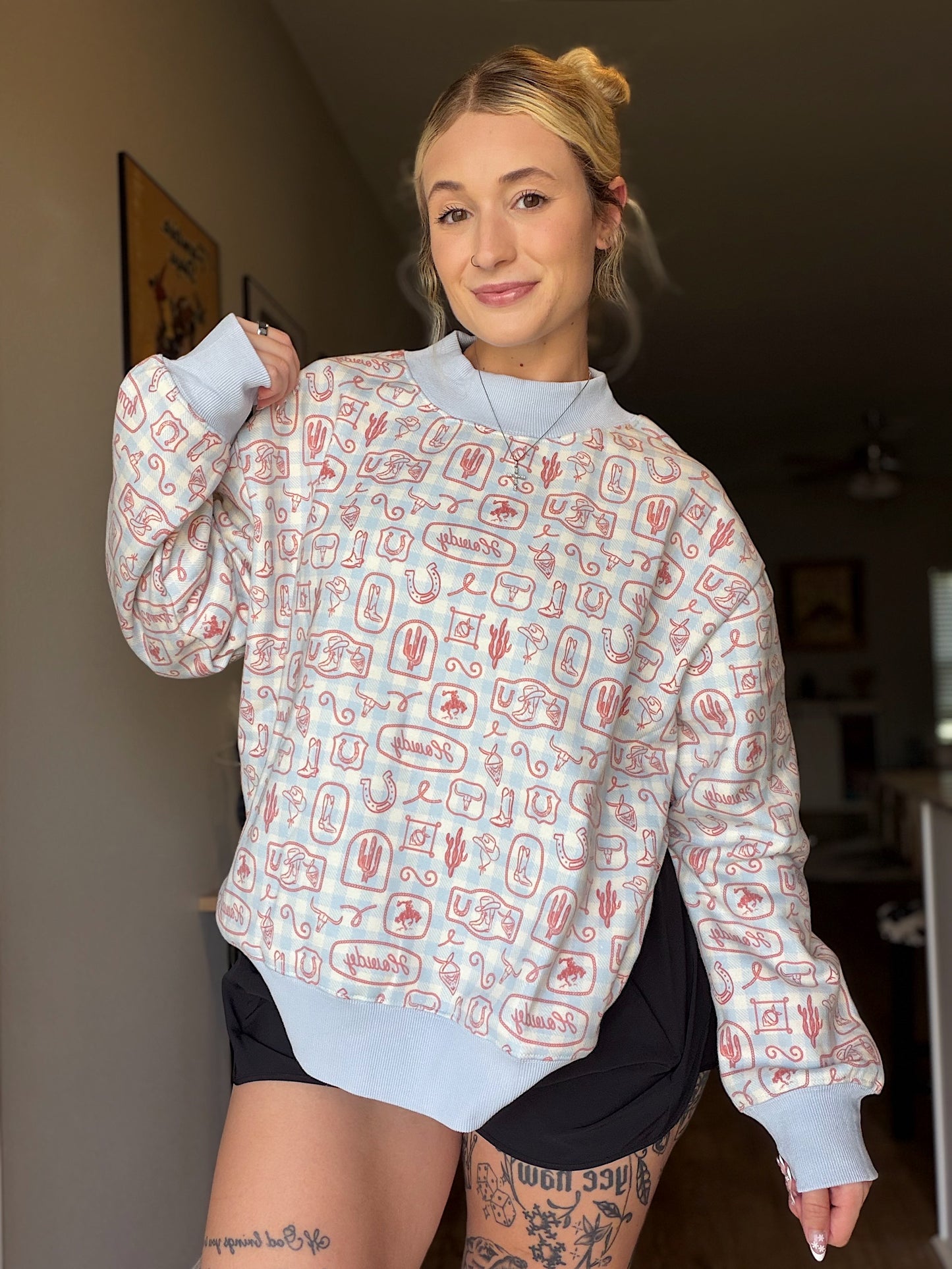 The Giddy Up Gingham Mock Neck Sweatshirt