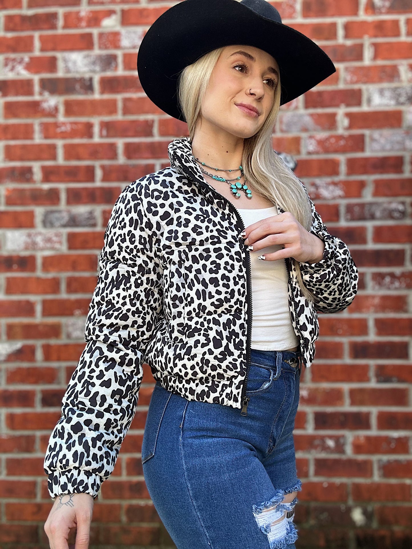 Black Leopard Cropped Puffer