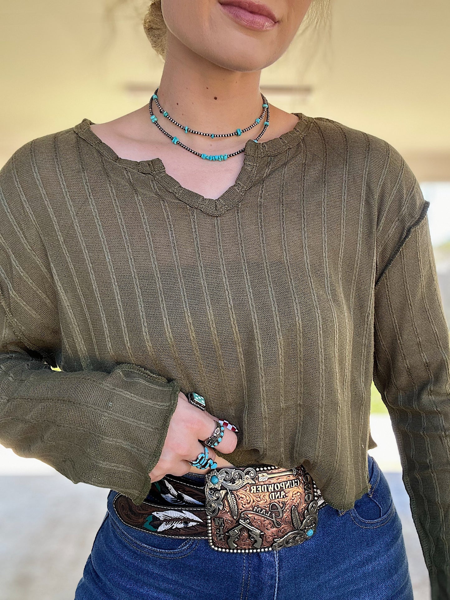 Olive Green Long Sleeve Crop