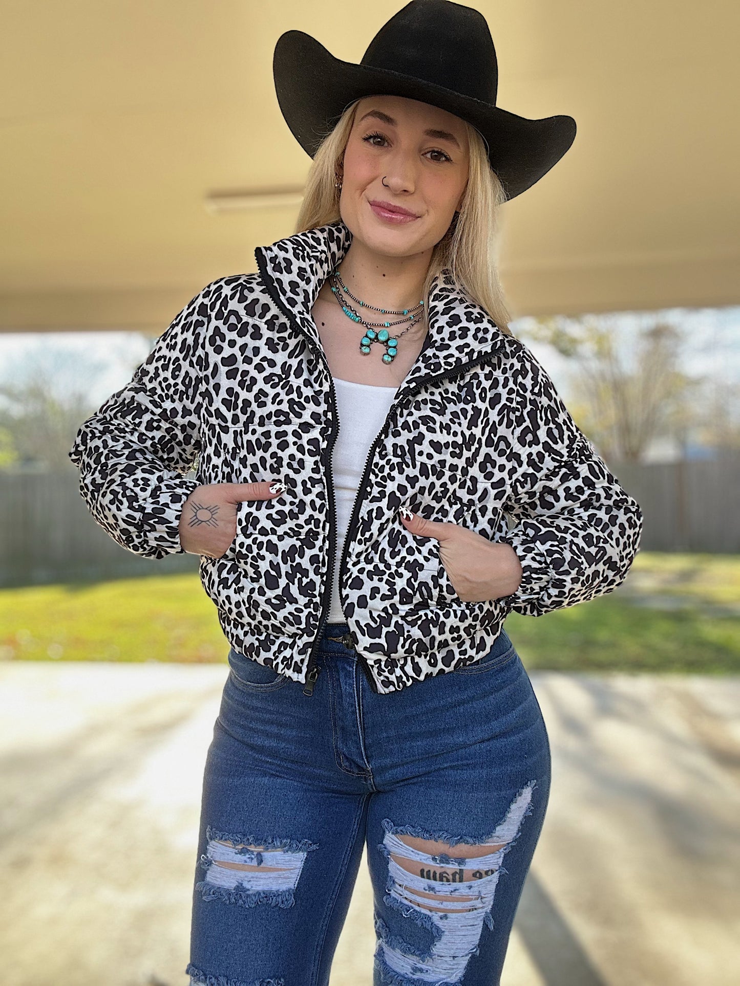 Black Leopard Cropped Puffer