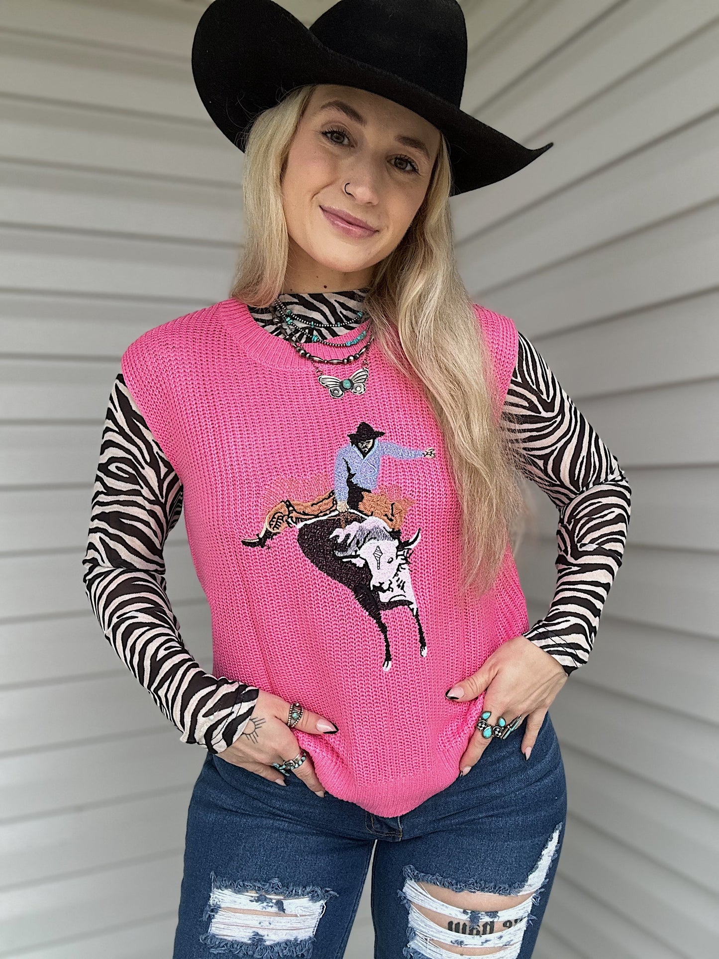 Hot Pink Cowboy Sleeveless Sweater