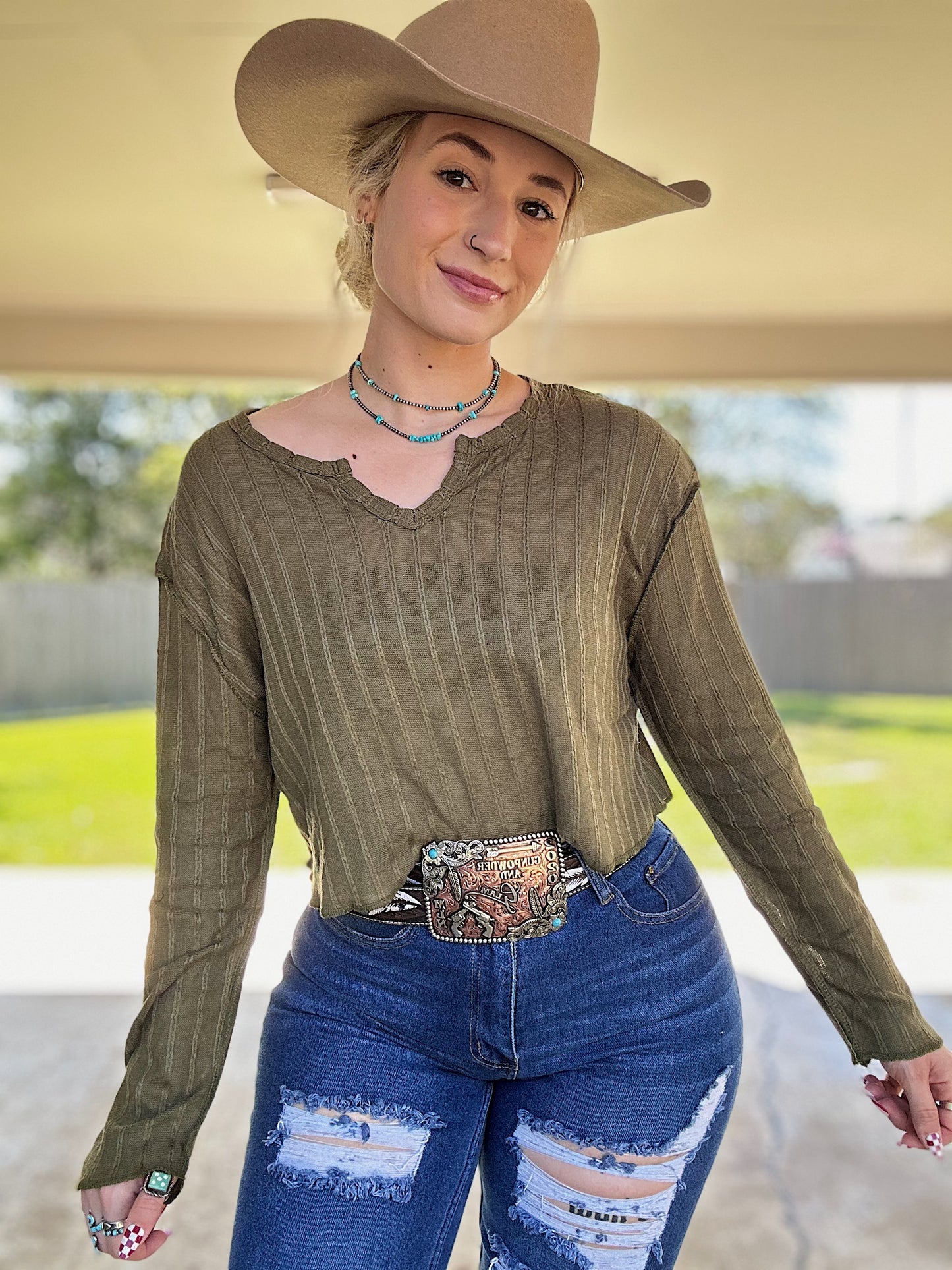 Olive Green Long Sleeve Crop