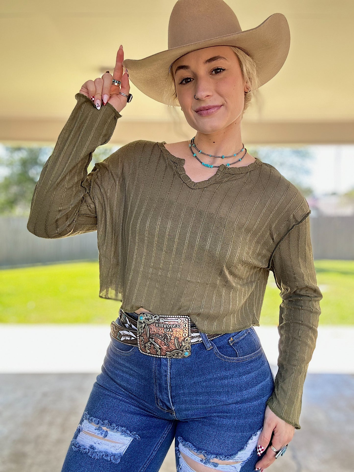 Olive Green Long Sleeve Crop