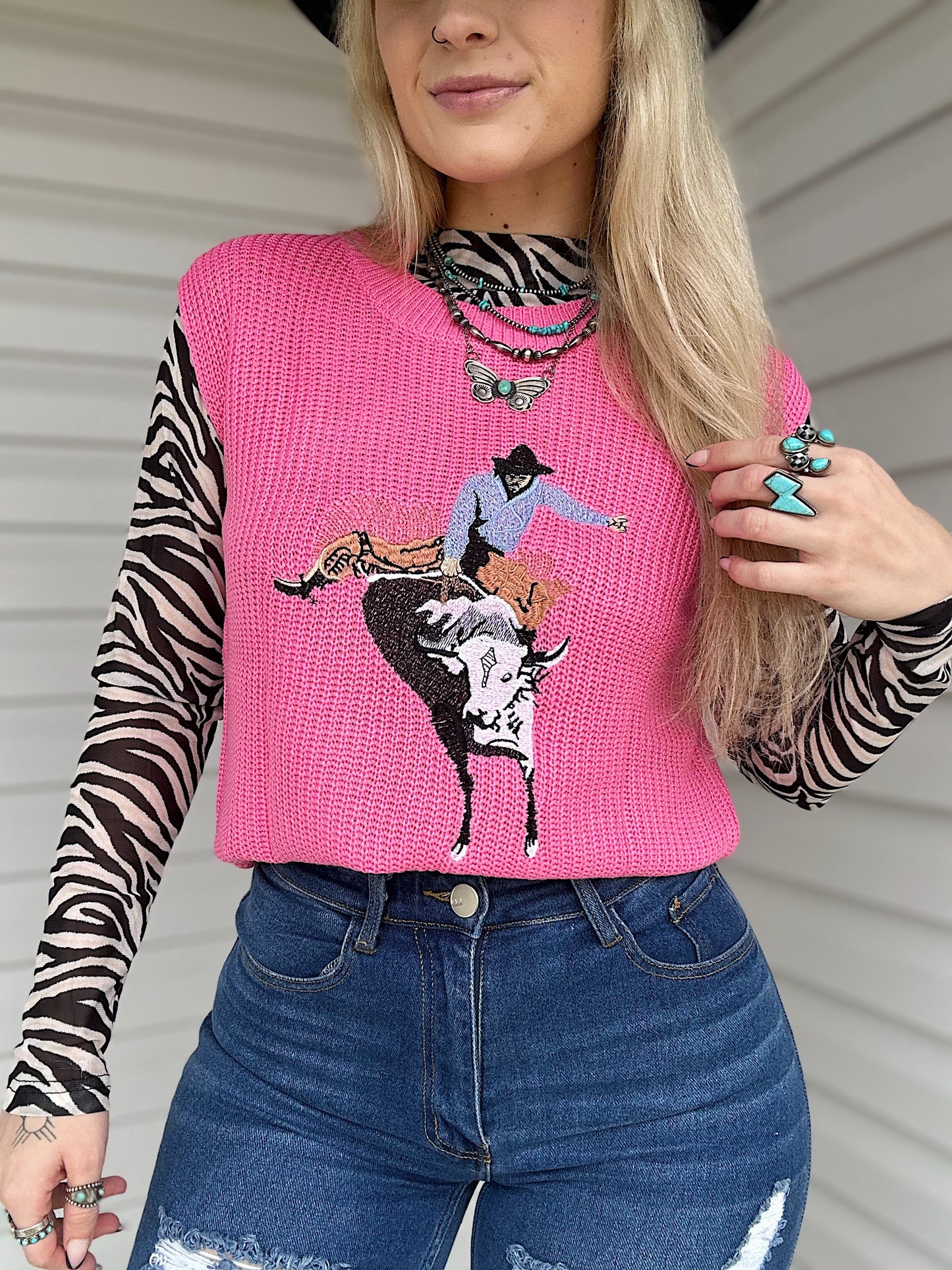 Hot Pink Cowboy Sleeveless Sweater