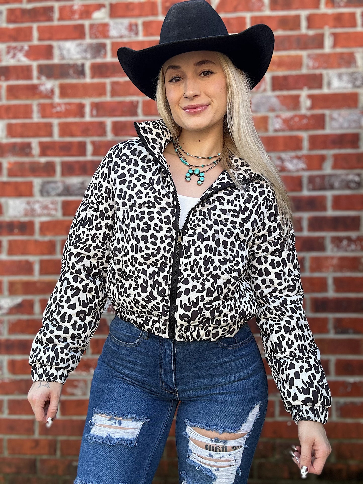 Black Leopard Cropped Puffer