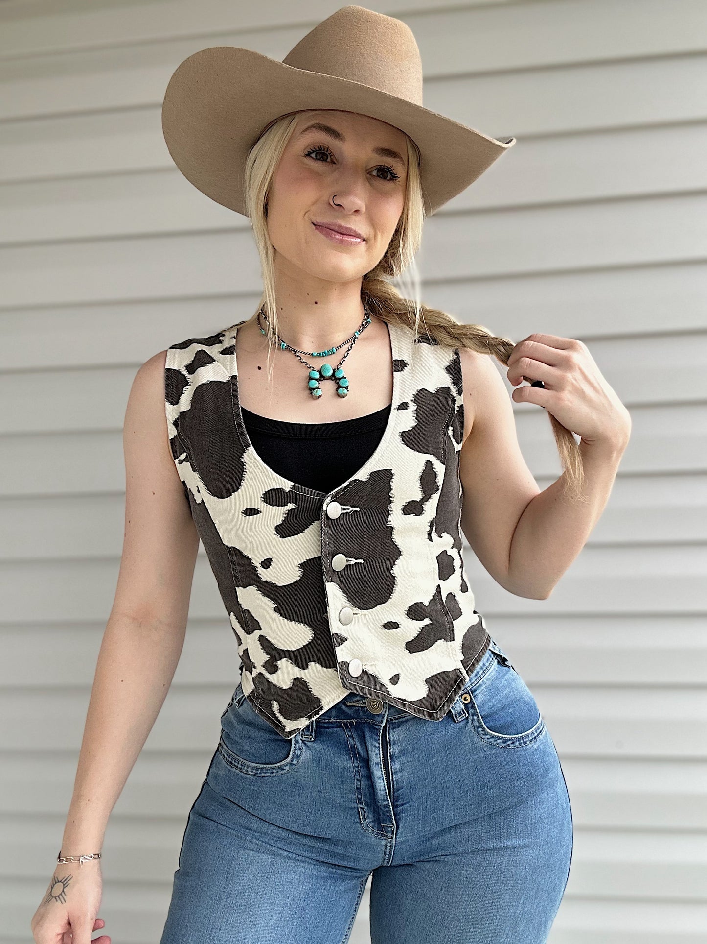 Cow Print Denim Vest