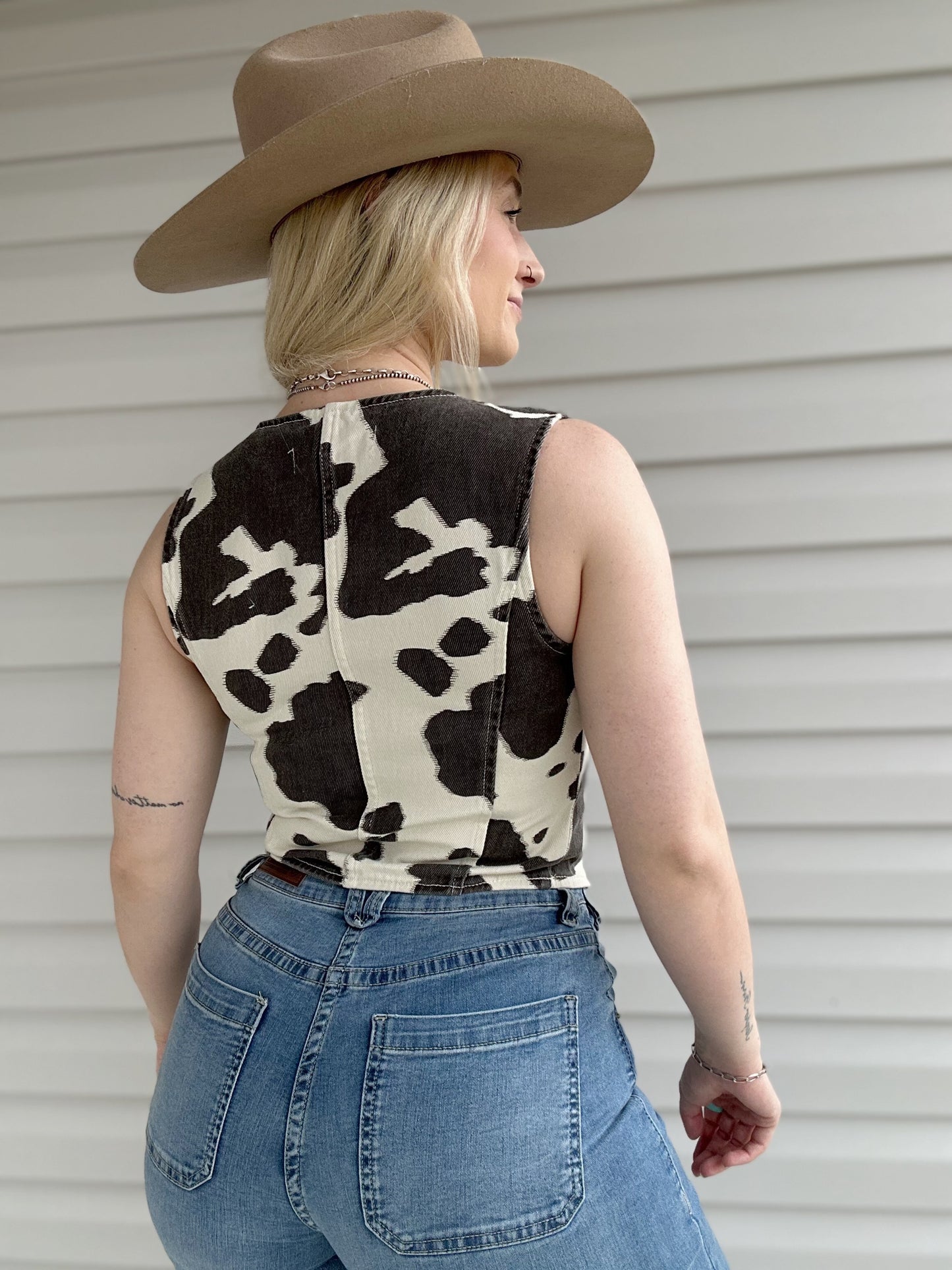Cow Print Denim Vest