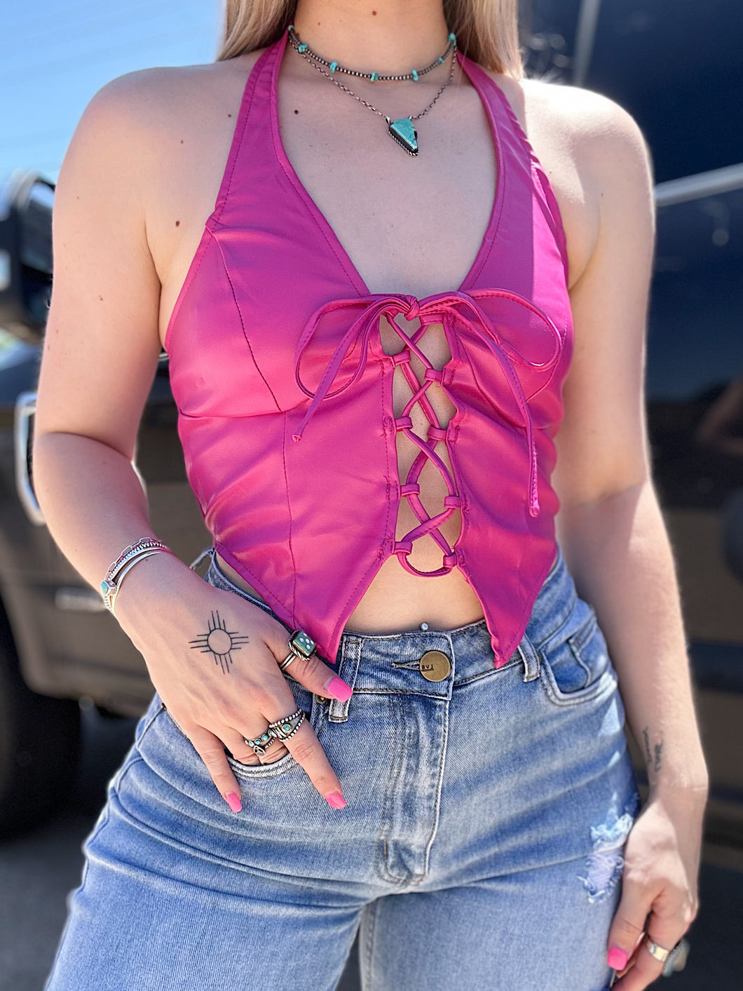 Pink Lace Up Halter Top