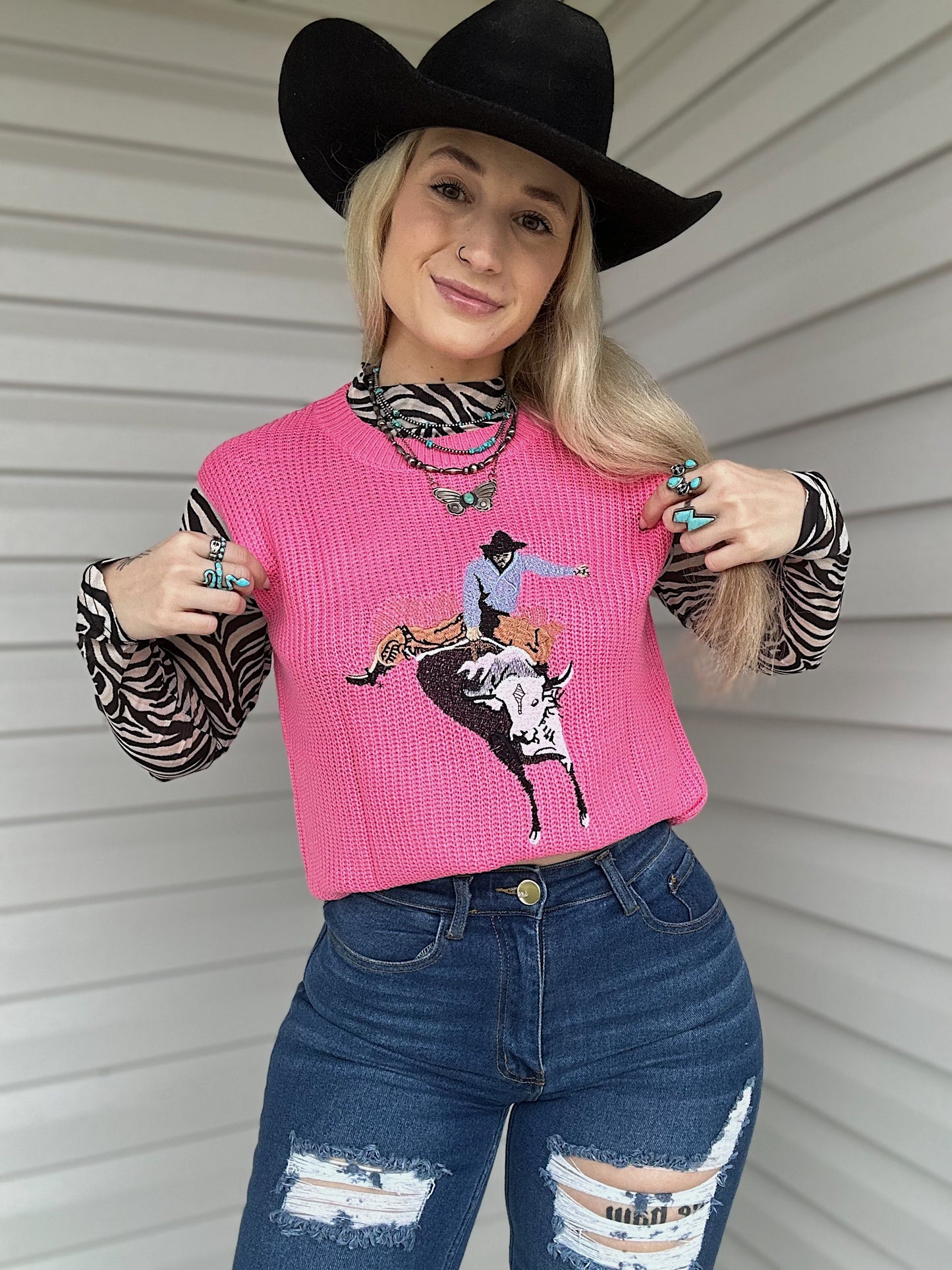 Hot Pink Cowboy Sleeveless Sweater