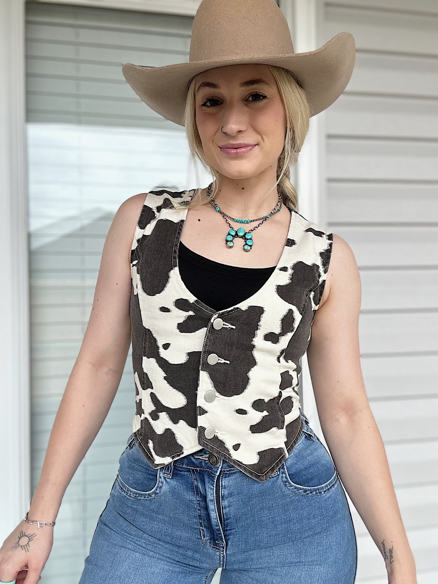 Cow Print Denim Vest