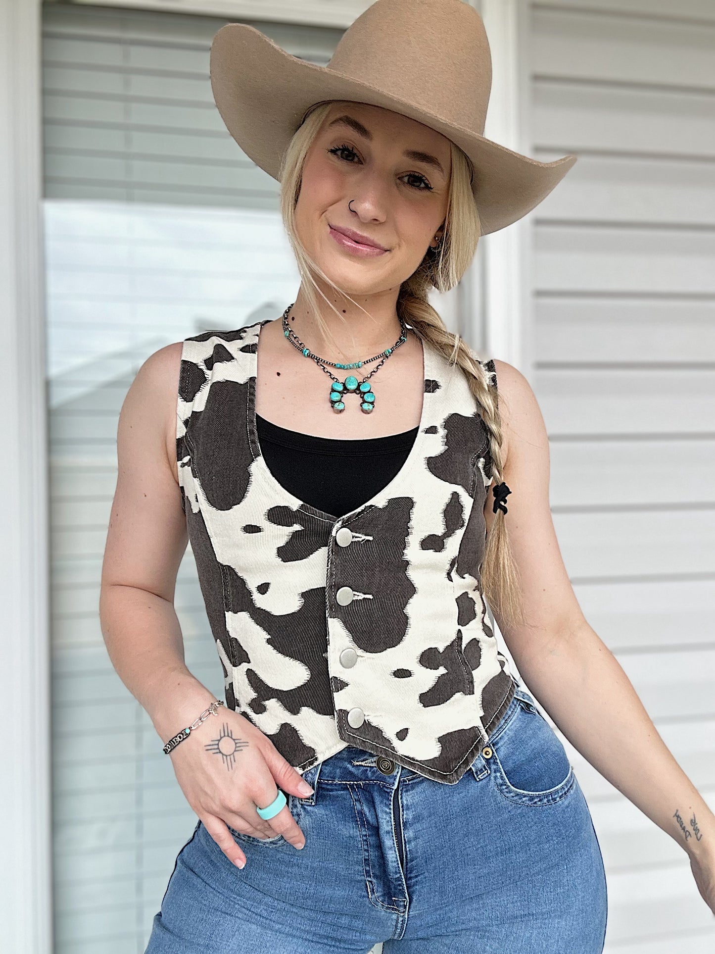 Cow Print Denim Vest
