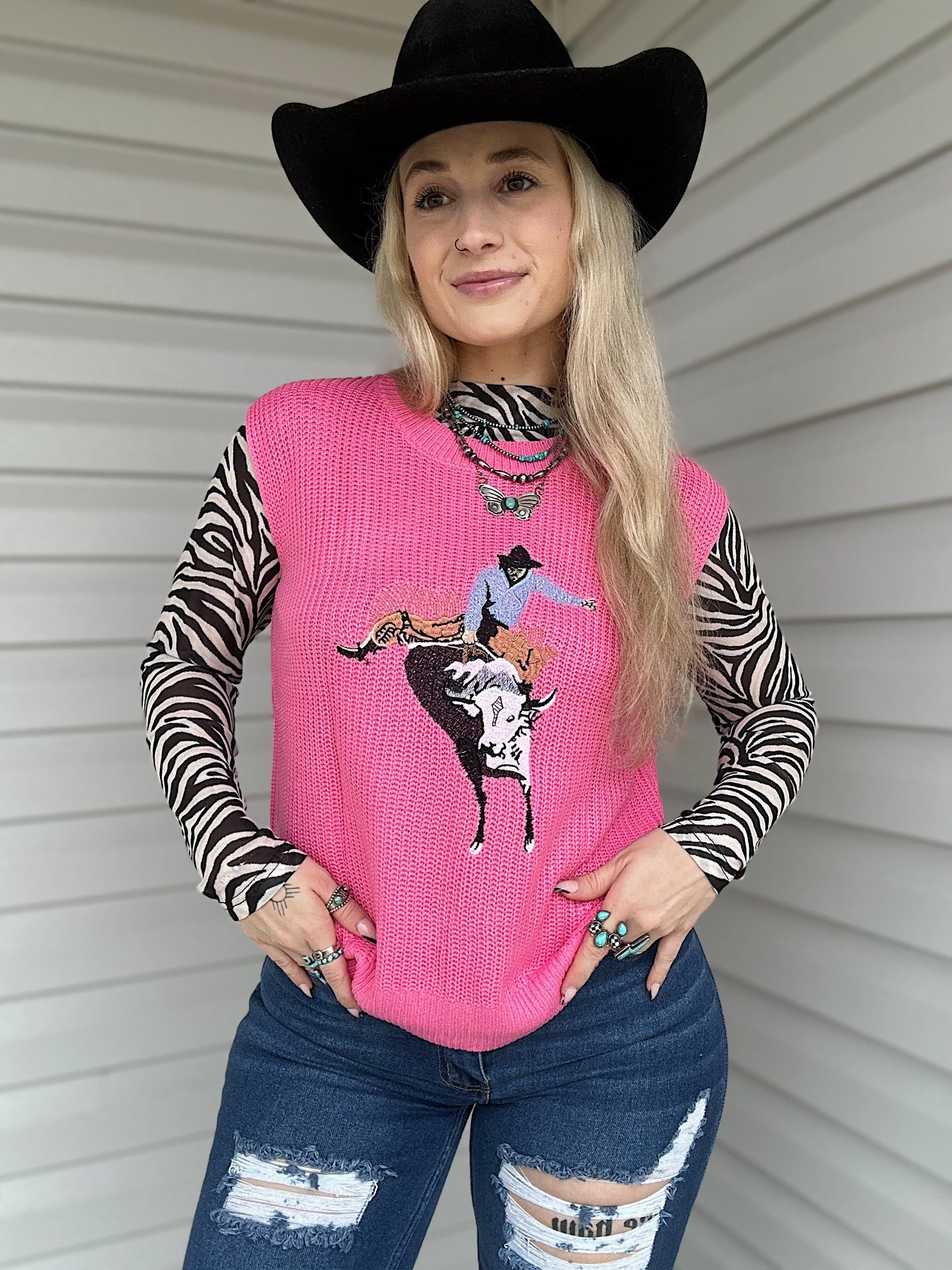Hot Pink Cowboy Sleeveless Sweater