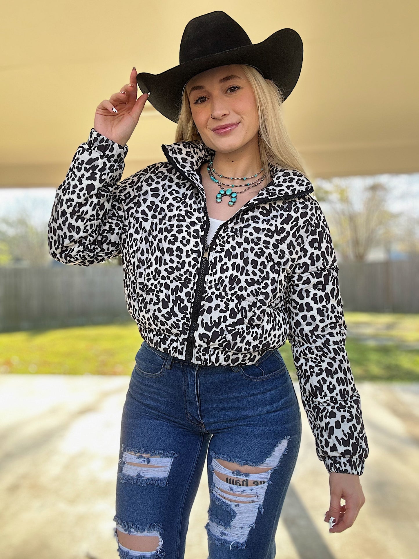 Black Leopard Cropped Puffer