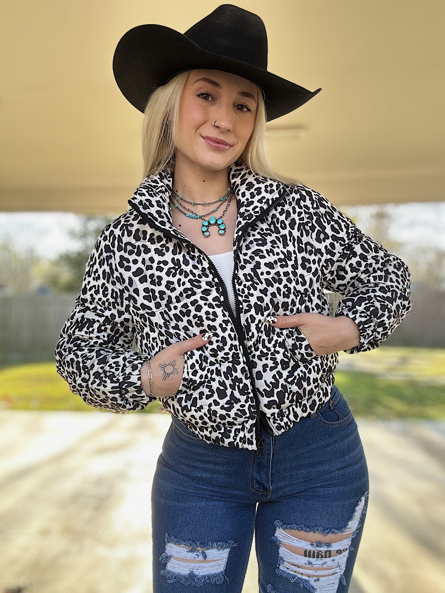 Black Leopard Cropped Puffer