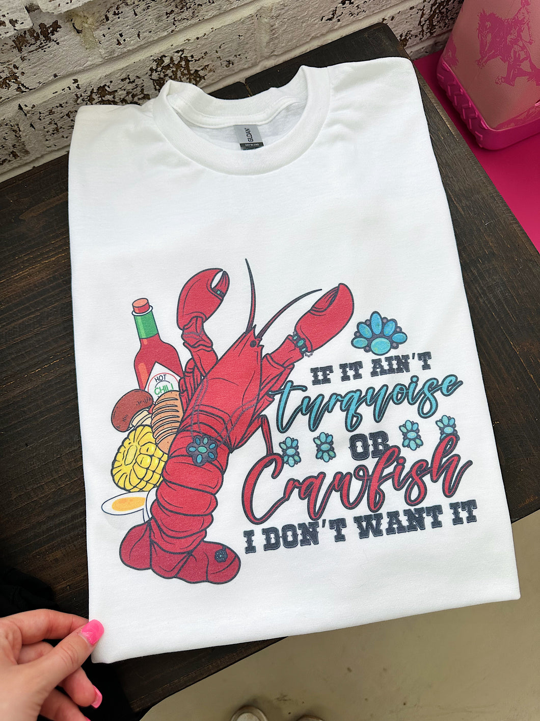 Turquoise and Crawfish TEE or CREWNECK