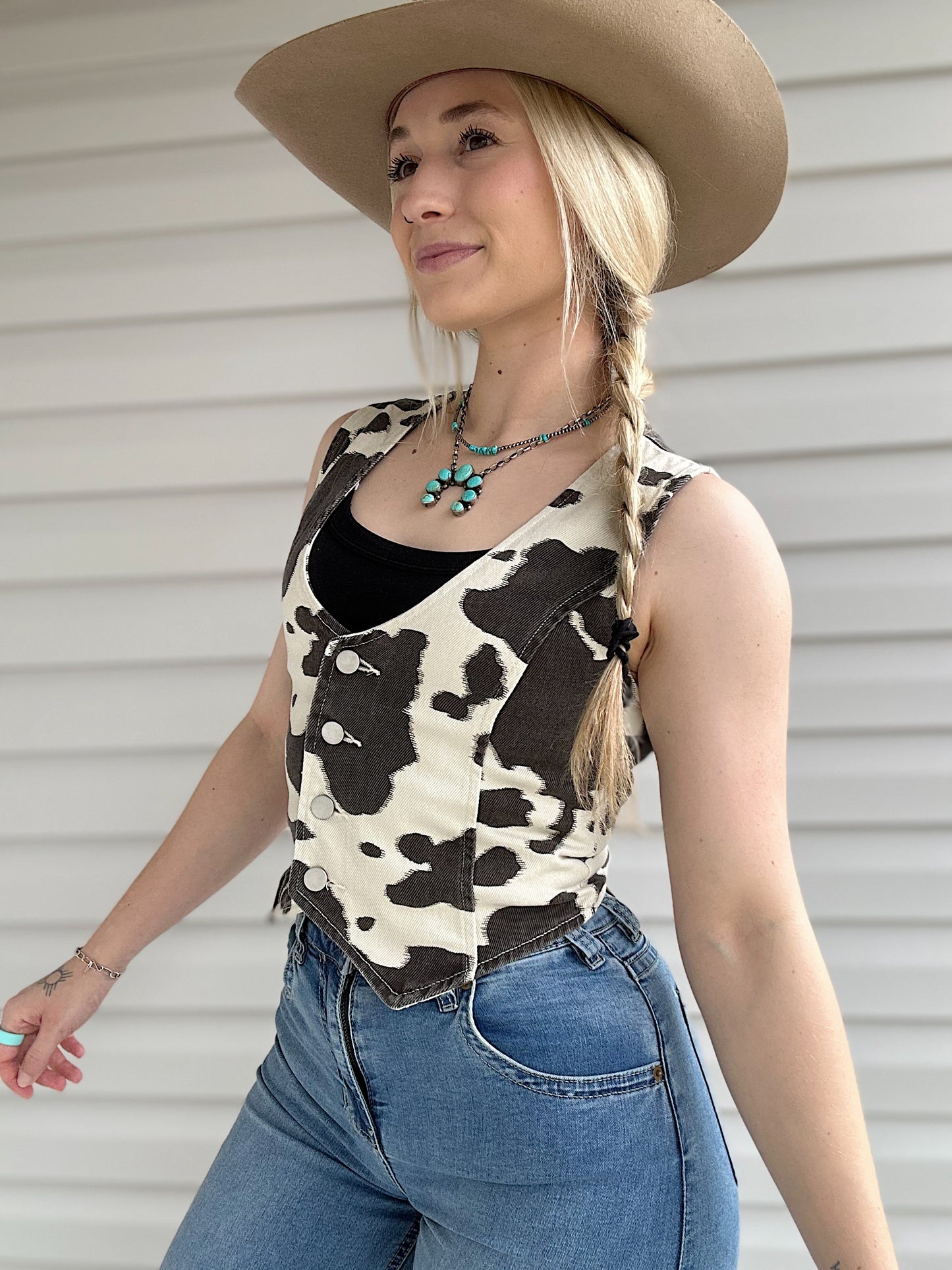 Cow Print Denim Vest