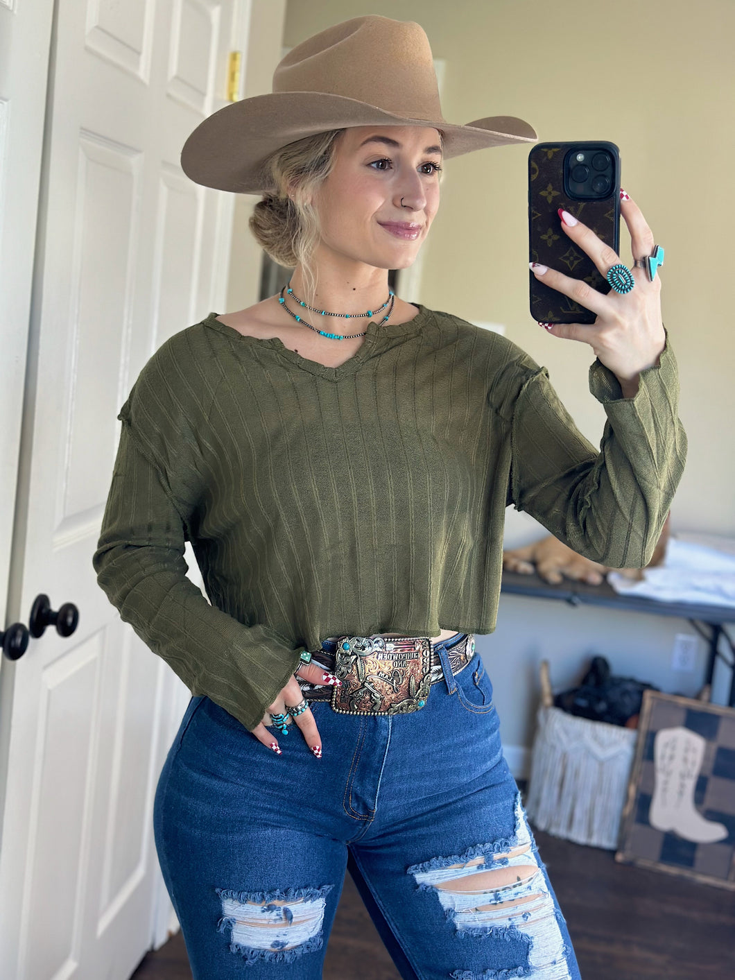 Olive Green Long Sleeve Crop