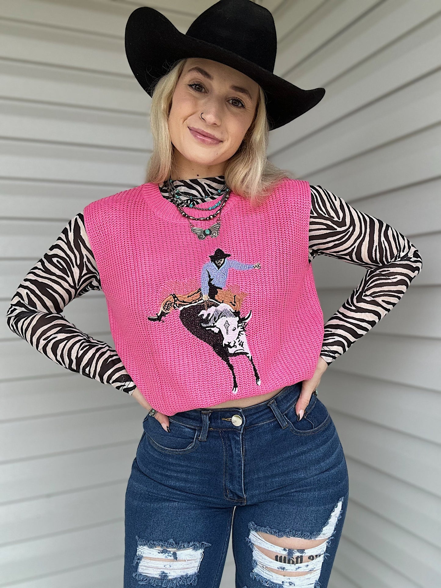 Hot Pink Cowboy Sleeveless Sweater