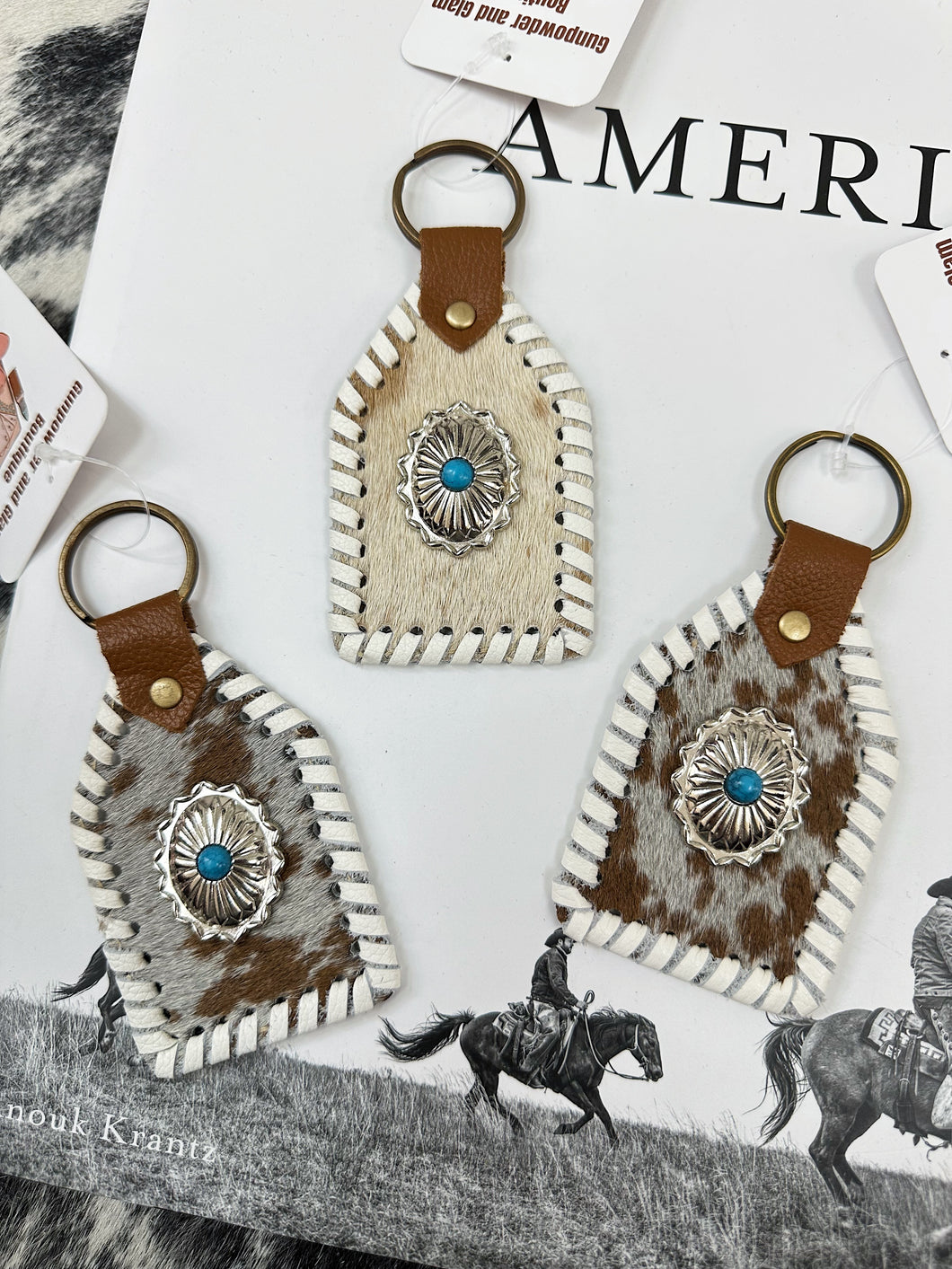 The Concho Keychain (Brown and White Cowhide)