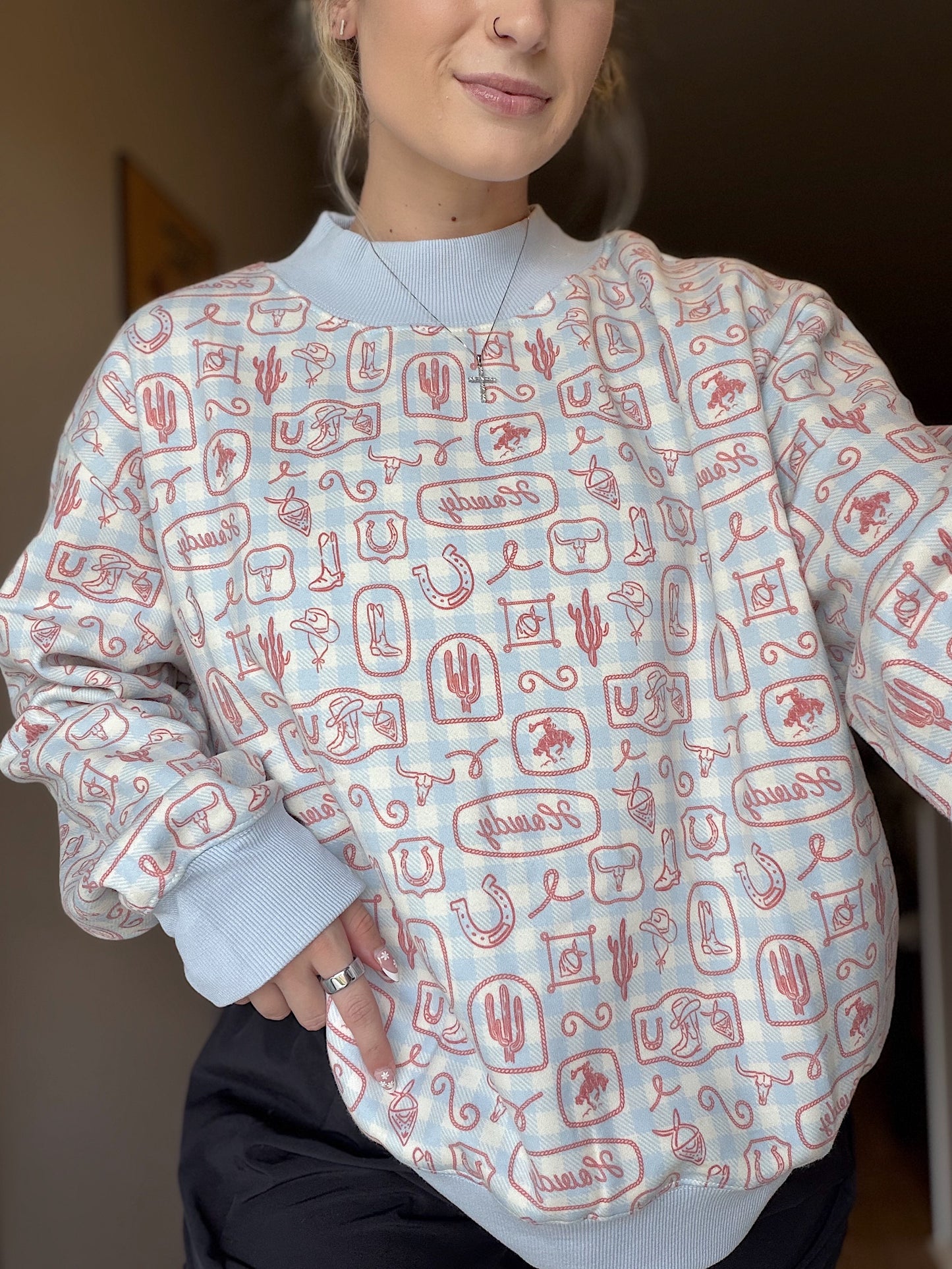 The Giddy Up Gingham Mock Neck Sweatshirt