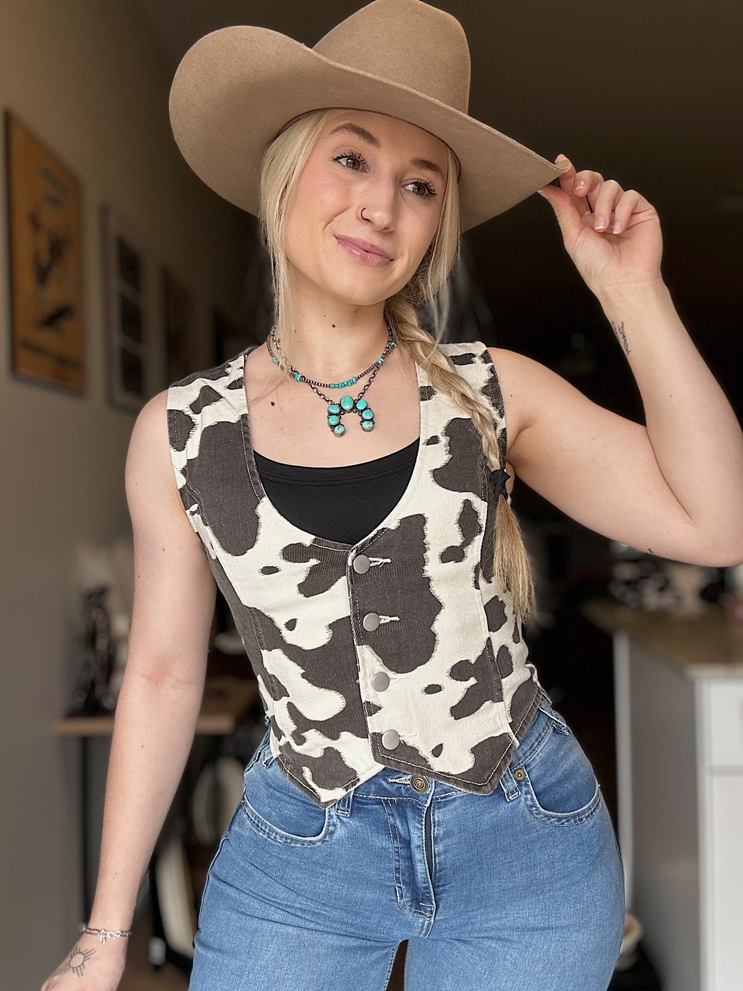 Cow Print Denim Vest