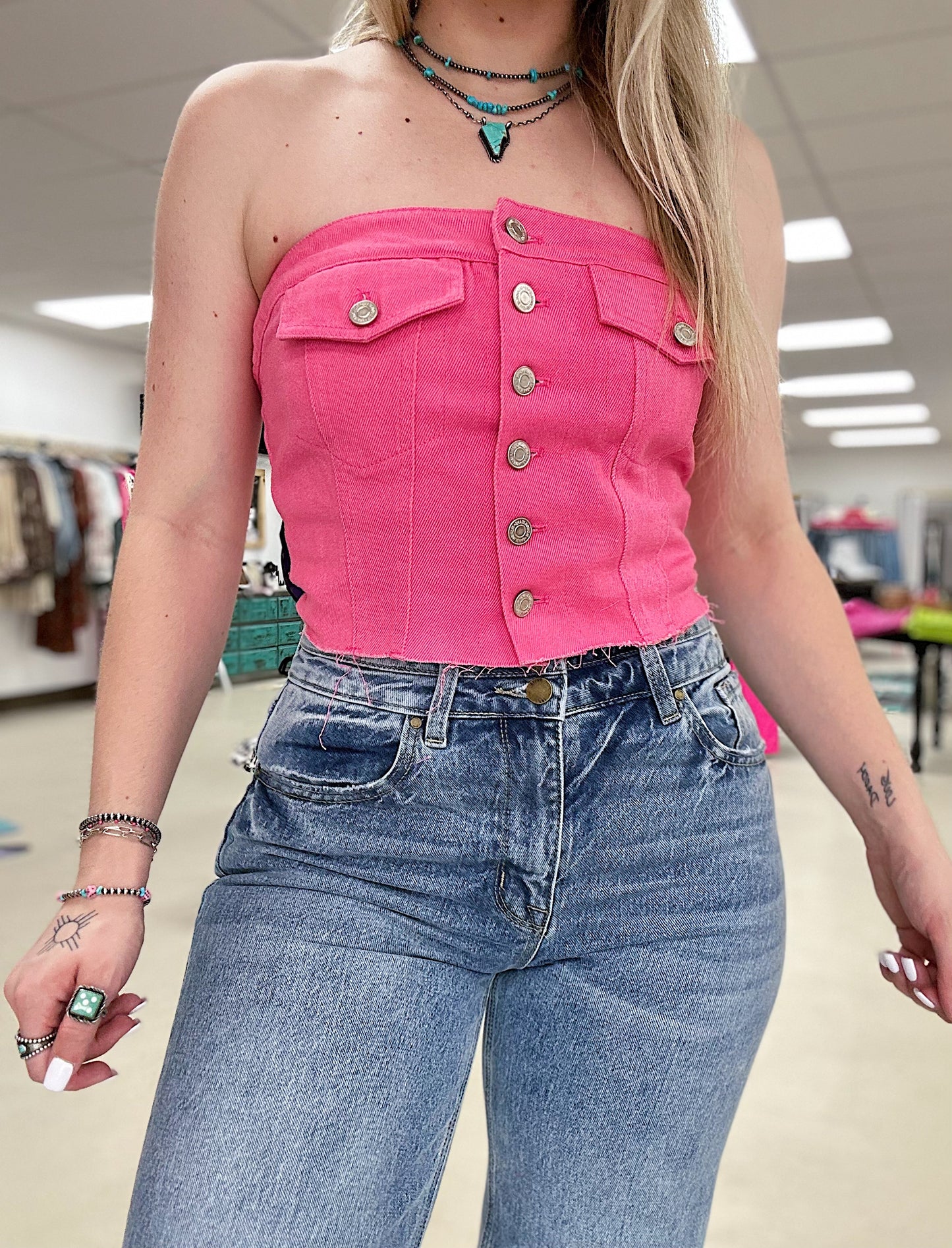 Hot Pink Denim Tube Top
