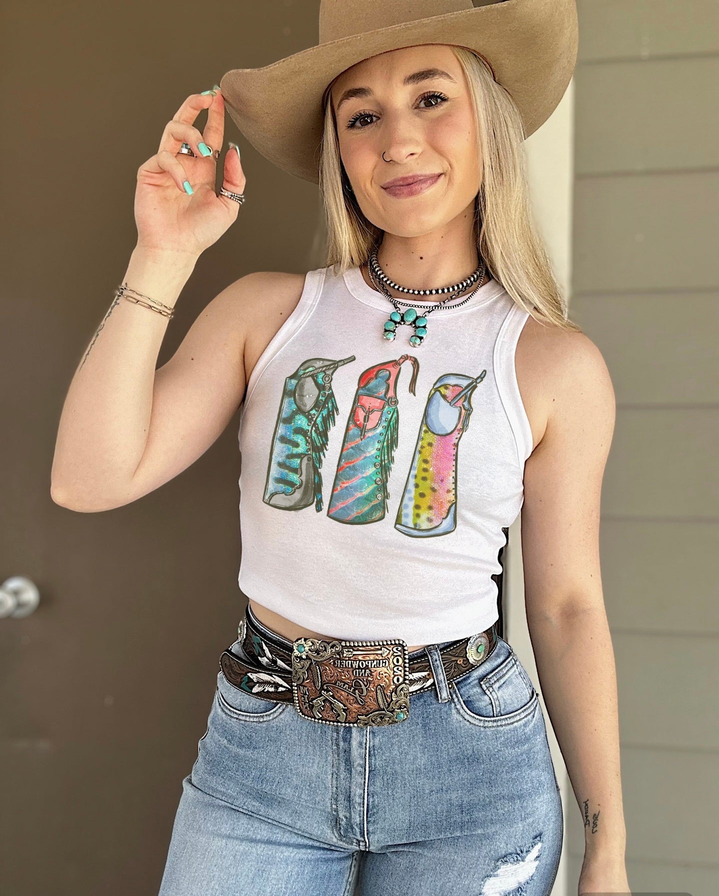 Fishie Print Chaps Cropped Tank