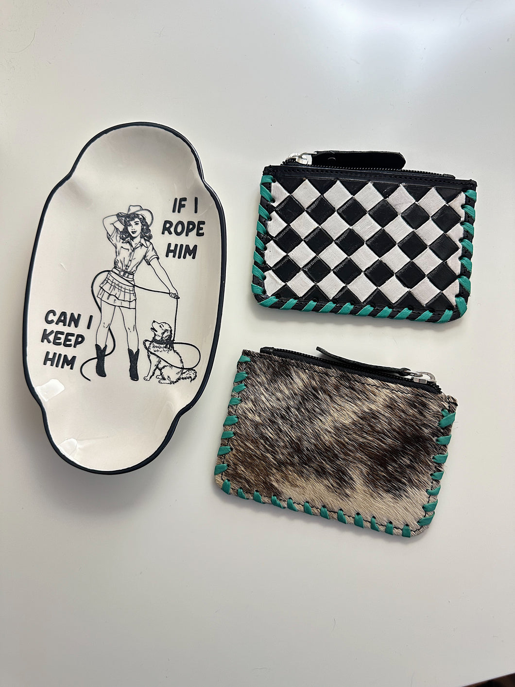 Checkered & Cowhide Card Holder