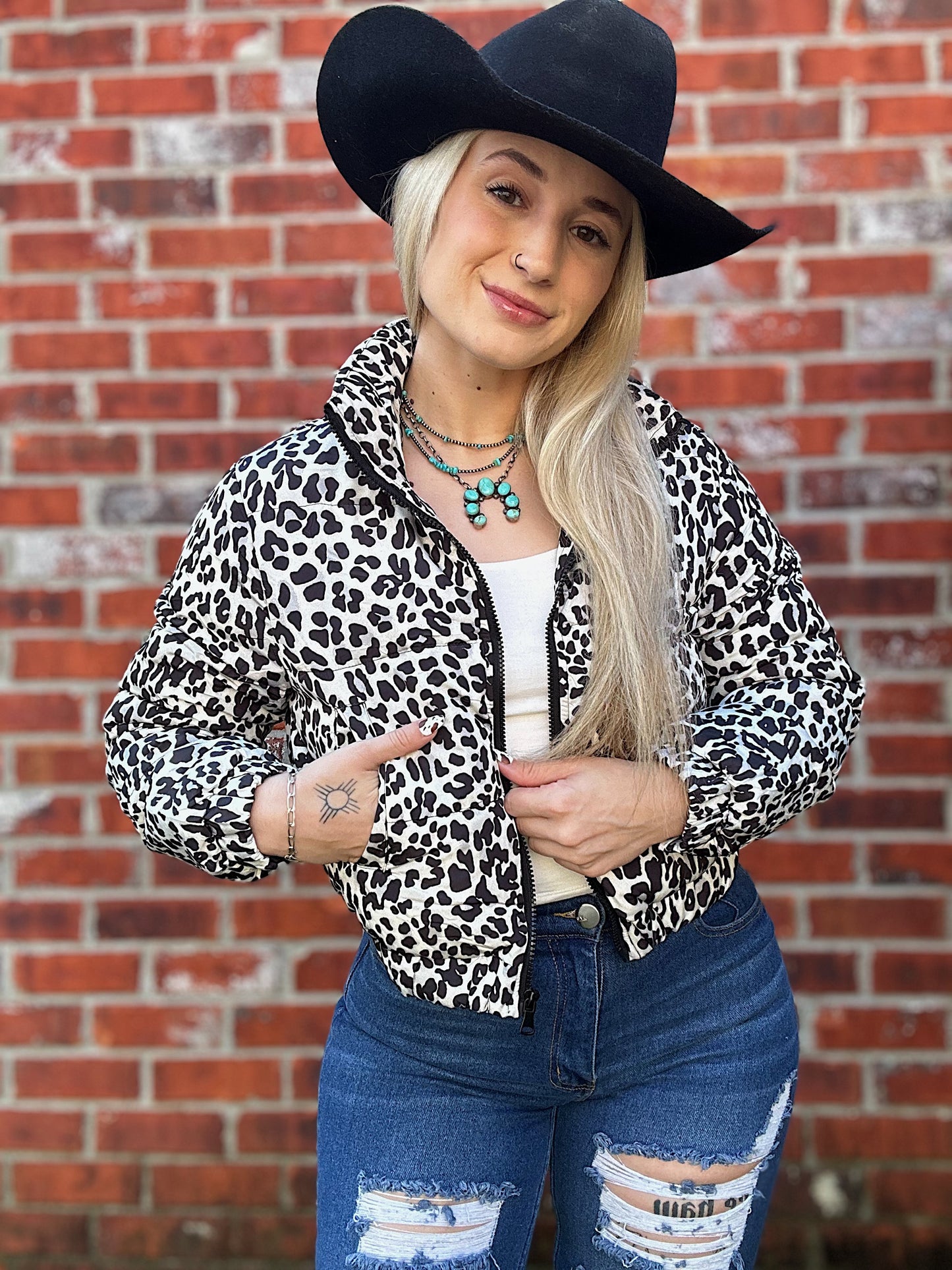 Black Leopard Cropped Puffer