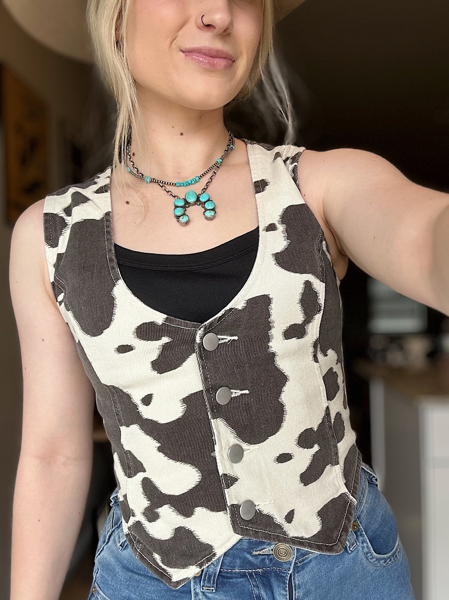 Cow Print Denim Vest