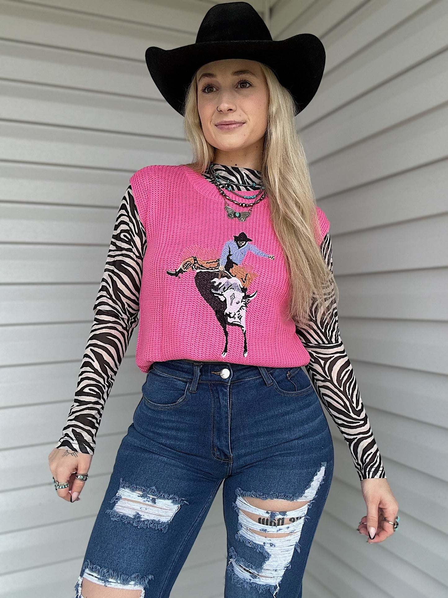 Hot Pink Cowboy Sleeveless Sweater