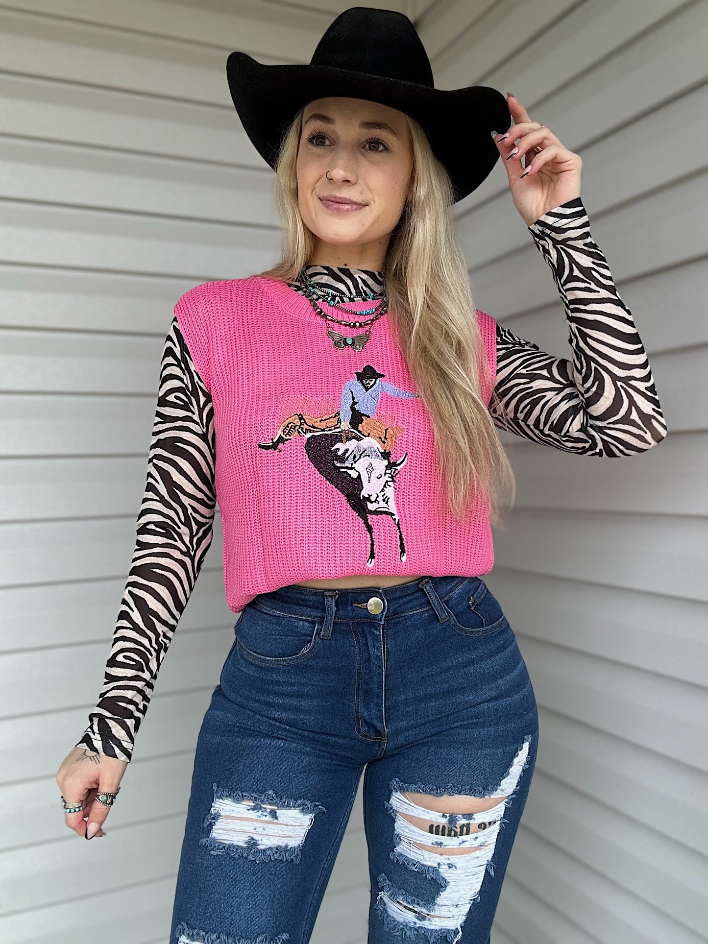Hot Pink Cowboy Sleeveless Sweater