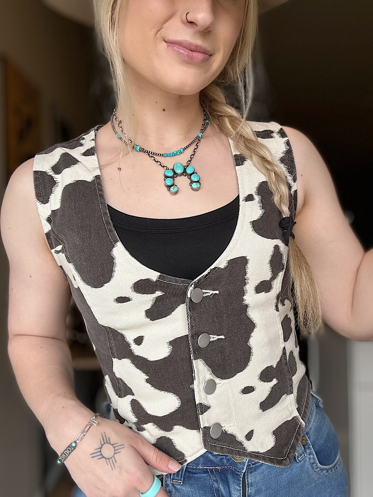 Cow Print Denim Vest