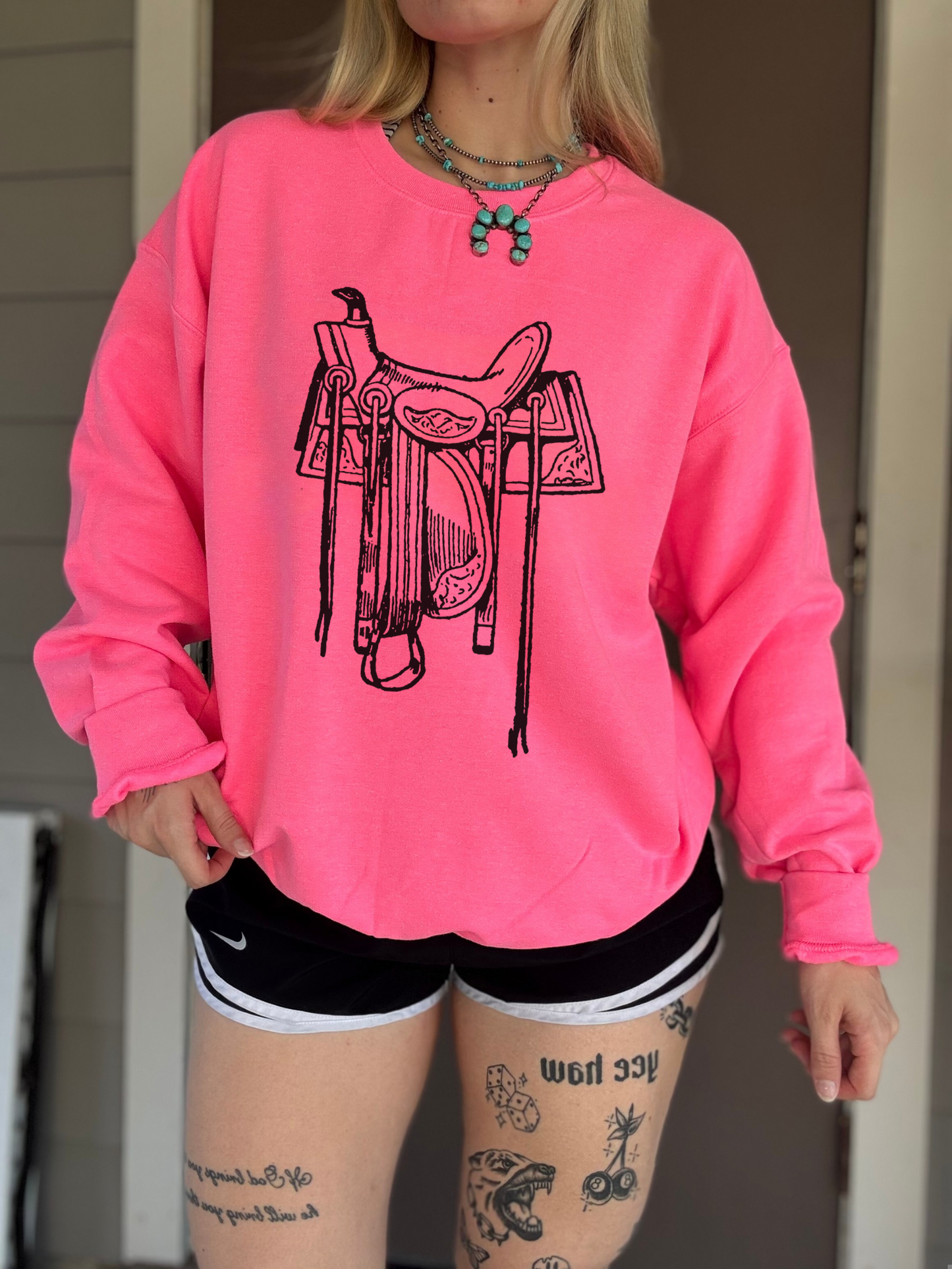 The Saddle Crewneck (Hot Pink)