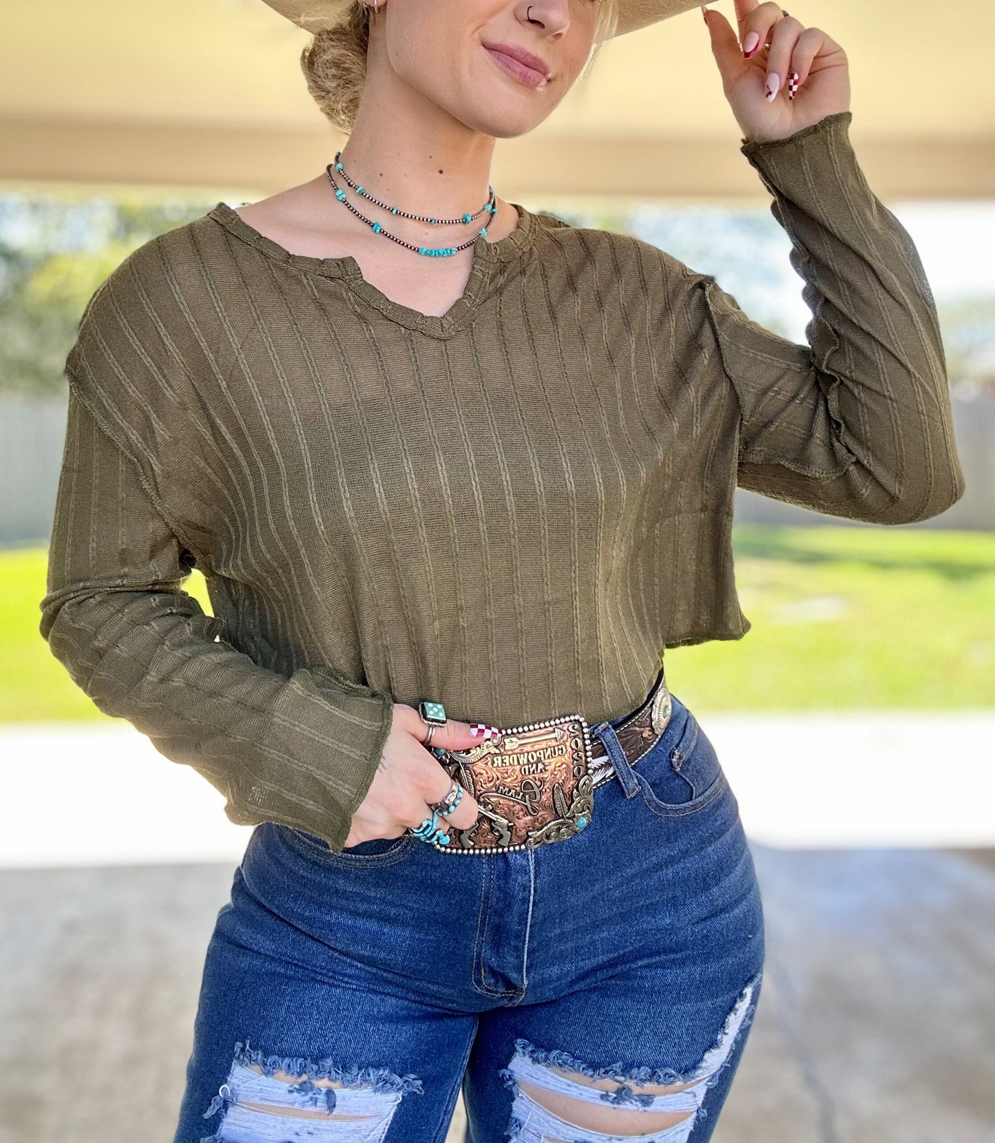 Olive Green Long Sleeve Crop