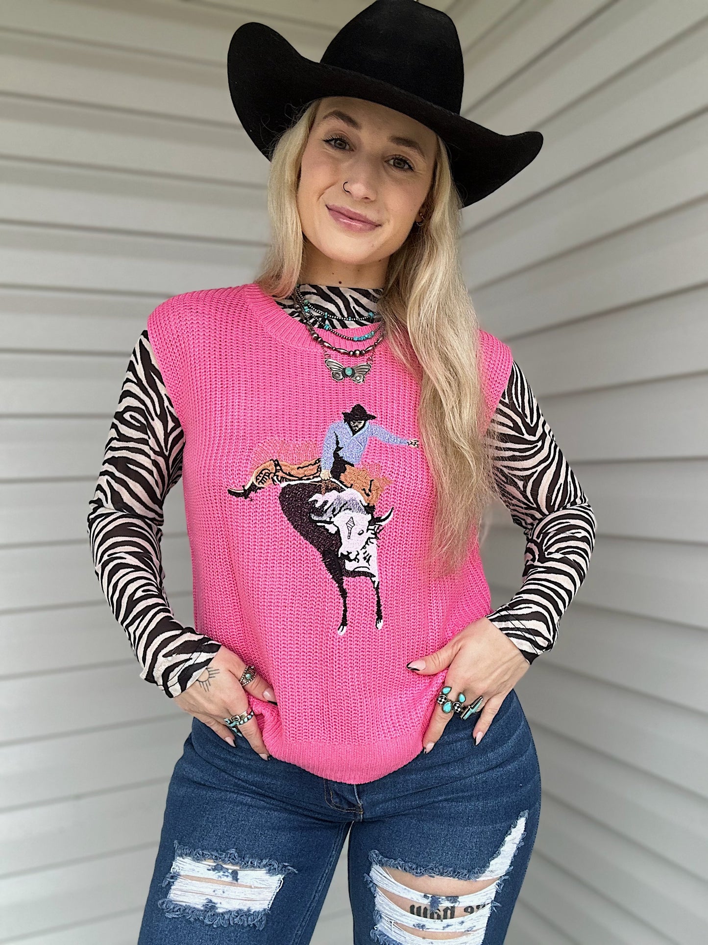 Hot Pink Cowboy Sleeveless Sweater