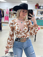 Load image into Gallery viewer, Cow Print Deep V Bodysuit
