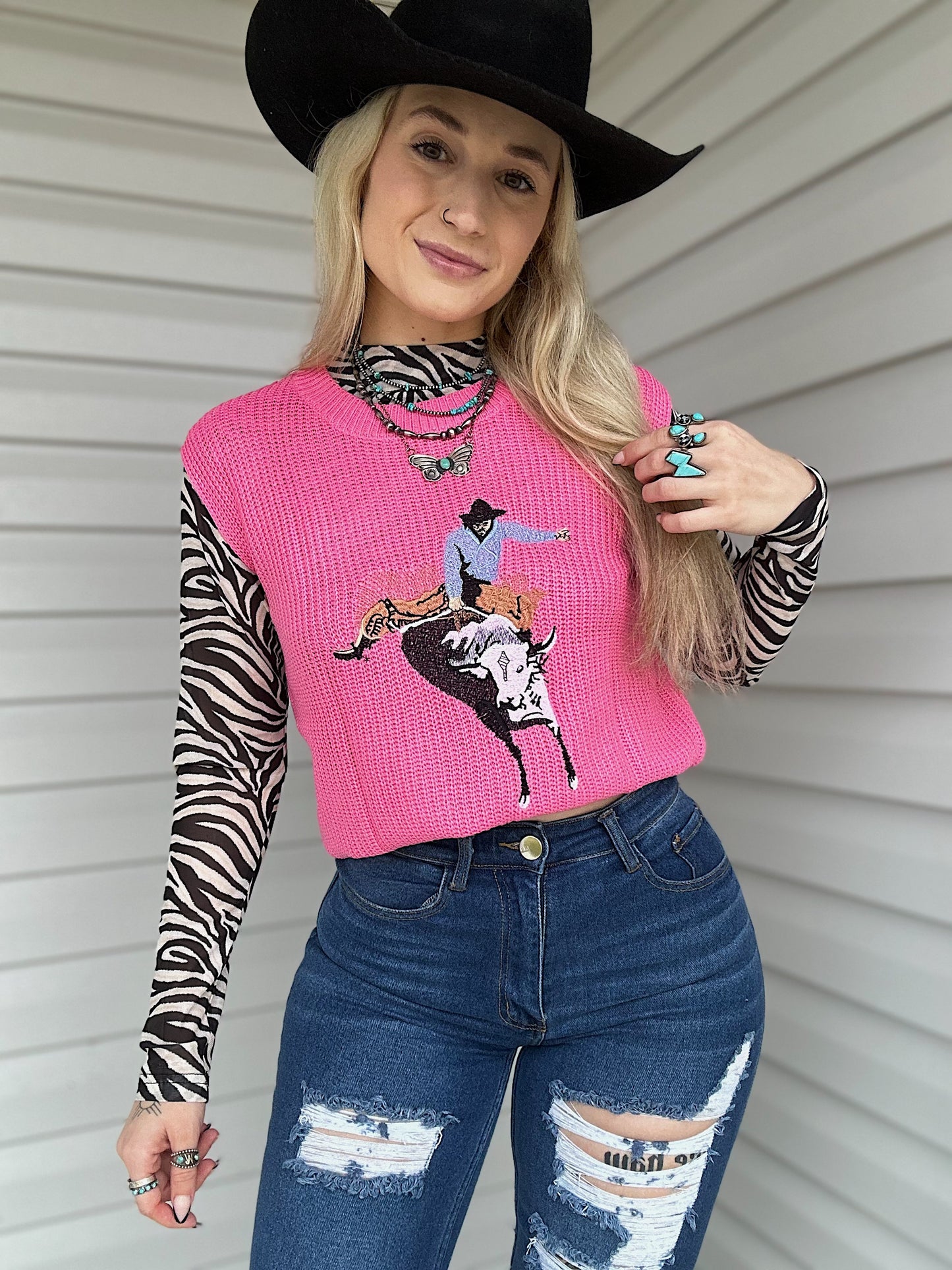 Hot Pink Cowboy Sleeveless Sweater