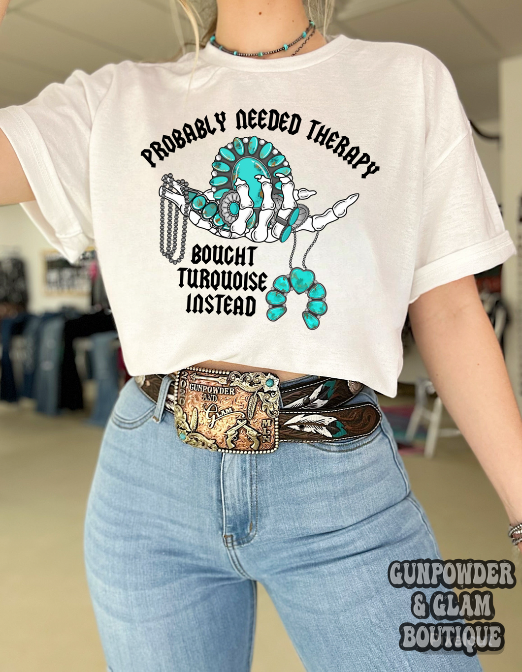 Turquoise & Therapy tee or crewneck