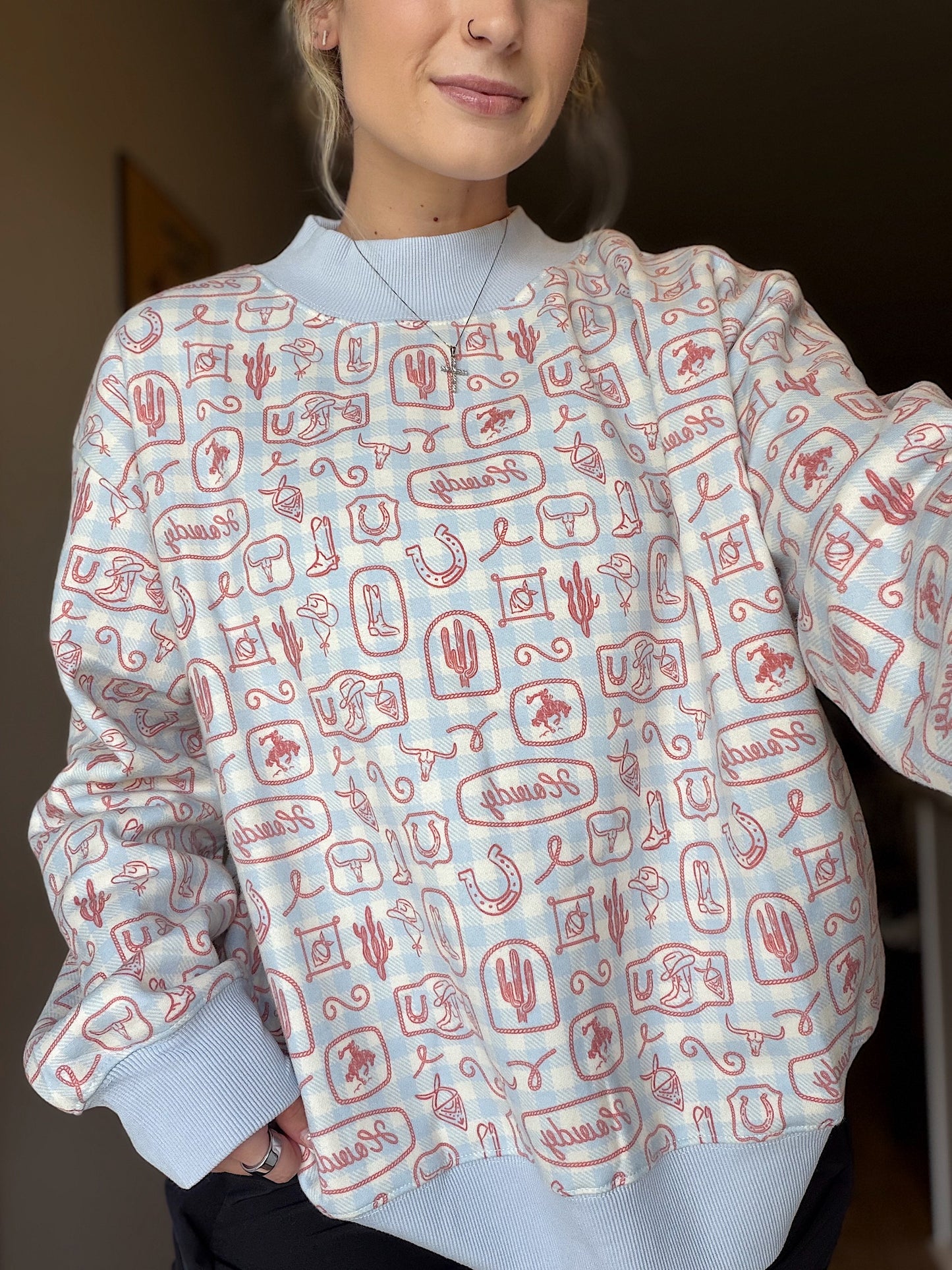 The Giddy Up Gingham Mock Neck Sweatshirt