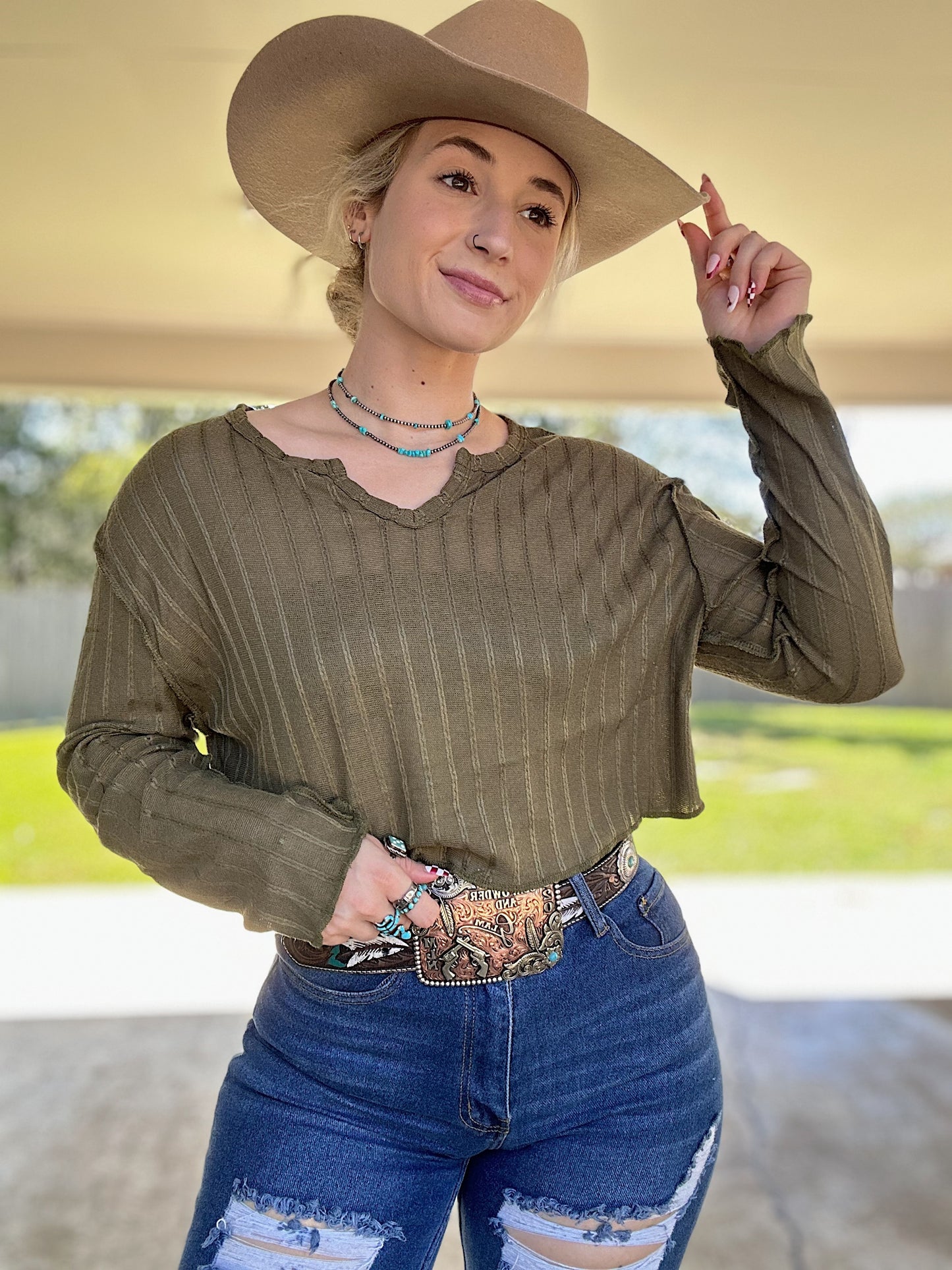 Olive Green Long Sleeve Crop