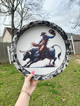 Load image into Gallery viewer, Painted Cowhide Tray - Bull Rider
