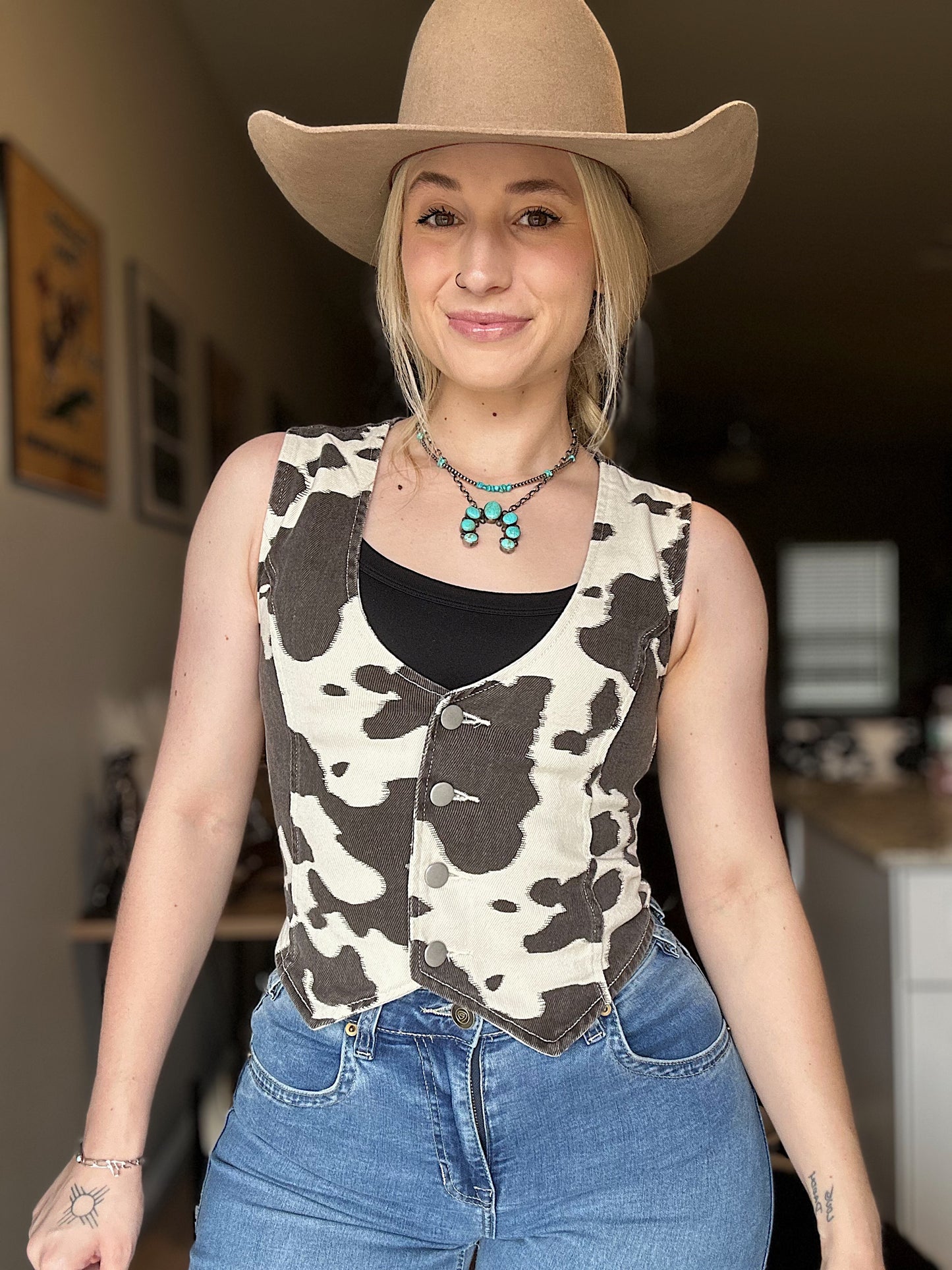 Cow Print Denim Vest
